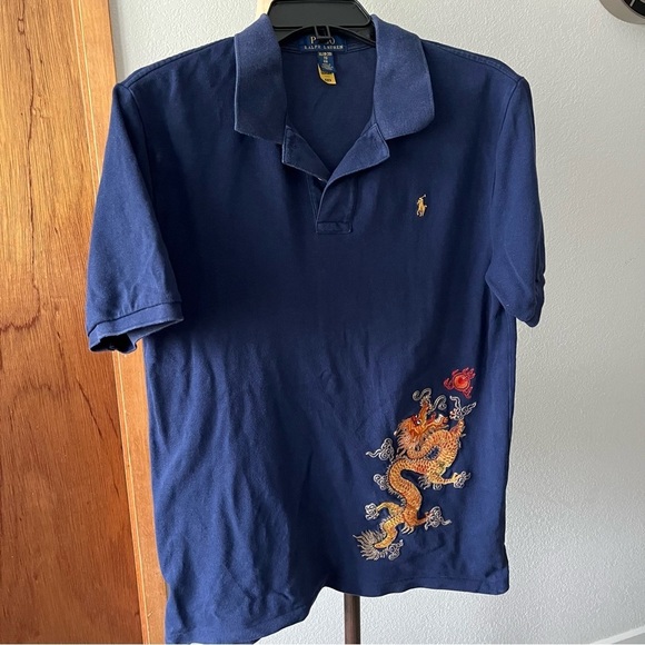 POLO RALPH LAUREN Boys sz XL 18-20 Dragon Navy Blue Mesh Polo Shirt Short SLeeve - Picture 1 of 12